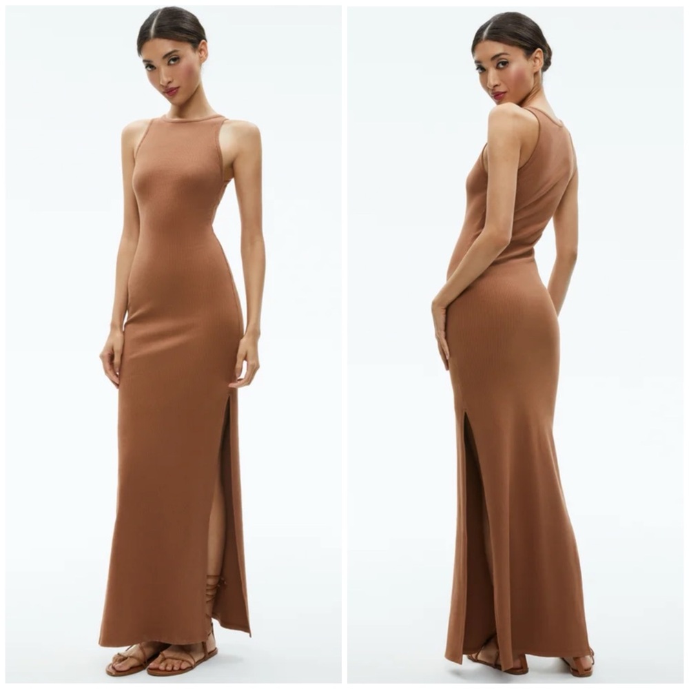 Alice + Olivia Pania Camel Brown Ribbed Knit Tank‎ Maxi Dress Side Slits 4